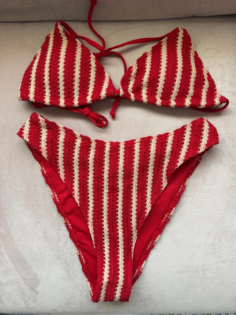 SHEIN Red and Cream Striped Crochet Bikini Set